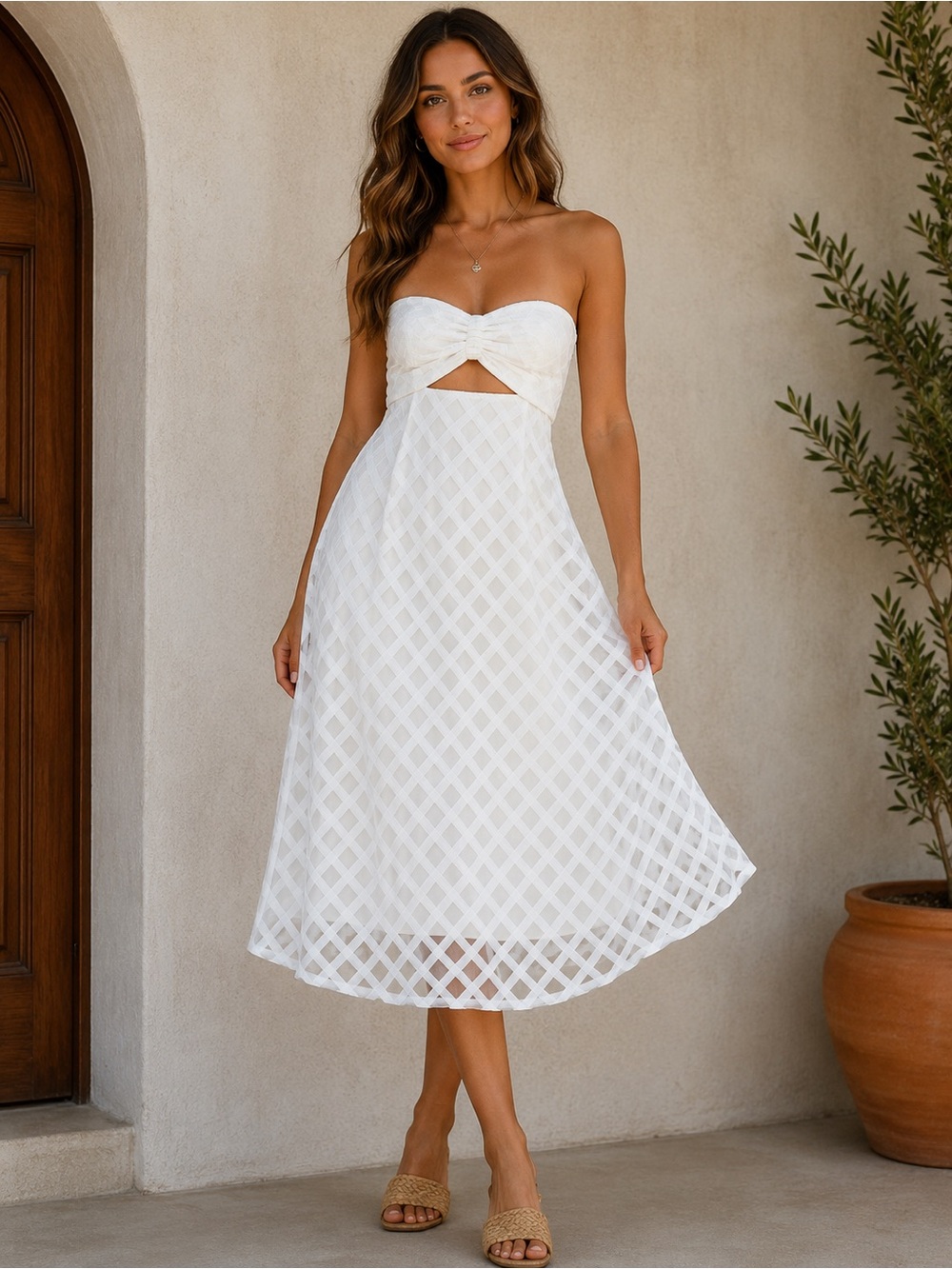 Pink Diamond White Strapless Lattice Overlay Midi Dress Size 4